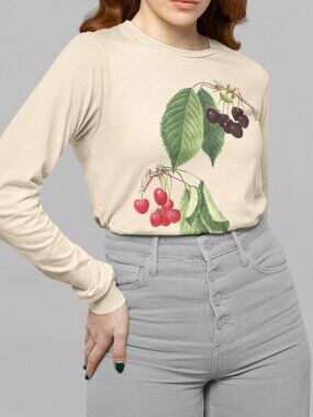 Wild Cherry Vintage Botanical Print Long Sleeve Graphic Tee T-shirt S-XXL